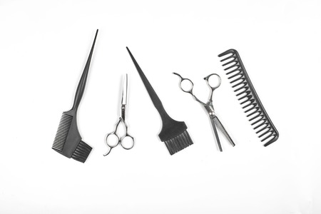 Professional hairdresser tools on white background with copy spaceの写真素材