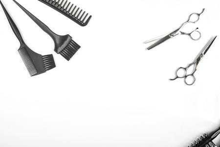 Professional hairdresser tools on white background with copy spaceの写真素材