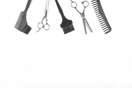Professional hairdresser tools on white background with copy spaceの写真素材