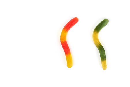 gummy jelly worm candy on a white background.の写真素材