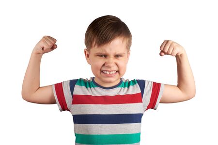 Angry cry baby boy emotionally shows his arm bicep muscle strength, isolated on white backgroundの写真素材