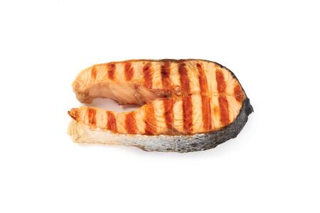 grilled salmon steak fillet, isolated on white backgroundの写真素材