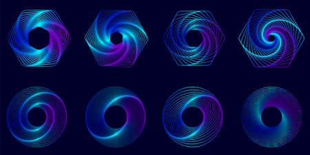 Set of abstract swirling symbols. Twisted wireframe tunnel. Curved shape. Technology glowing circles and polygons.のイラスト素材