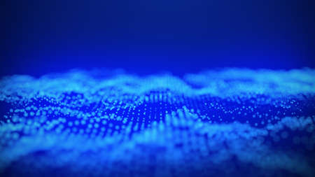 Abstract wave with moving dots. Flow of particles. Cyber technology illustration. 3d rendering.の写真素材