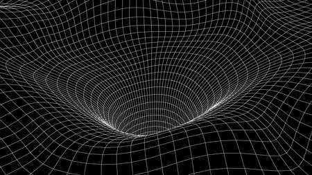 Futuristic black funnel. Wireframe space travel tunnel. Abstract wormhole with surface warp.