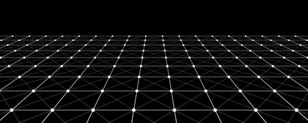 Abstract vector perspective grid. Digital background in retro style. Wireframe landscape on black...