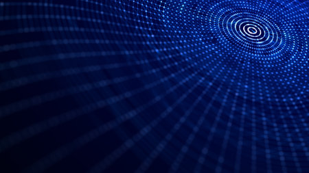 Abstract wave with moving dots. Flow of particles. Cyber technology illustration. 3d rendering.の写真素材