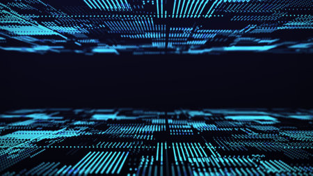 Digital background with moving glowing particles. Futuristic hi-tech illustration. Concept of data...