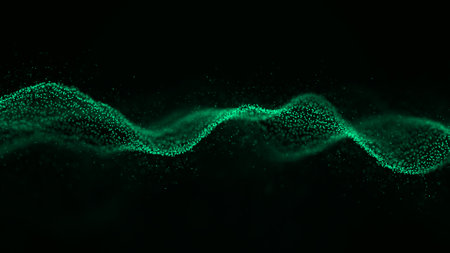 Abstract wave with moving dots. Flow of particles. Cyber technology illustration. 3d rendering.