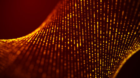 Abstract wave with moving dots. Flow of particles. Cyber technology illustration. 3d rendering.の写真素材