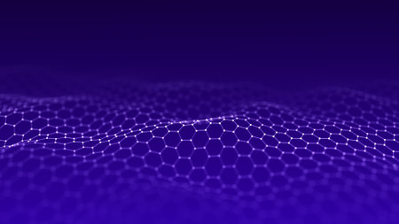 Abstract hexagon wave with moving dots. Flow of particles. Cyber technology illustration. 3d rendering.の写真素材