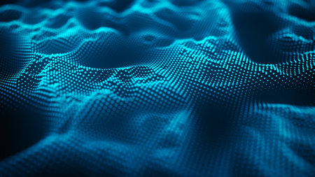 Abstract wave with moving dots. Flow of particles. Cyber technology illustration. 3d rendering.の写真素材