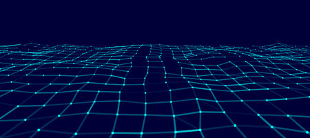 Abstract vector perspective grid. Digital background in retro style. Wireframe landscape on black background.のイラスト素材