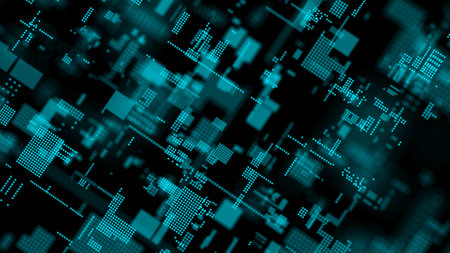 Digital background with moving glowing particles. Futuristic hi-tech illustration. Concept of data...