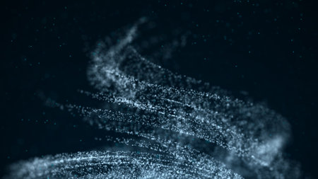 Abstract particle vortex. Futuristic dynamic wave moving in space. Explosion of data. 3d rendering.の写真素材