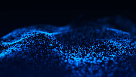 Abstract wave with moving dots. Flow of particles. Cyber technology illustration. 3d rendering.