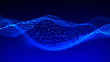 Abstract hexagon wave with moving dots. Flow of particles. Cyber technology illustration. 3d rendering.の写真素材