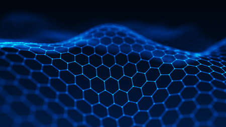 Abstract hexagon wave with moving dots. Flow of particles. Cyber technology illustration. 3d...