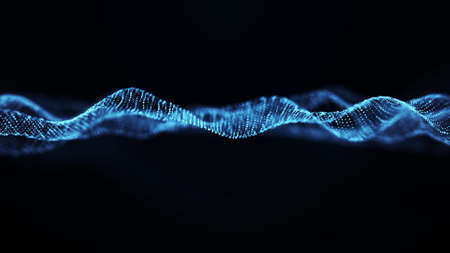 Abstract wave with moving dots. Flow of particles. Cyber technology illustration. 3d rendering.の写真素材