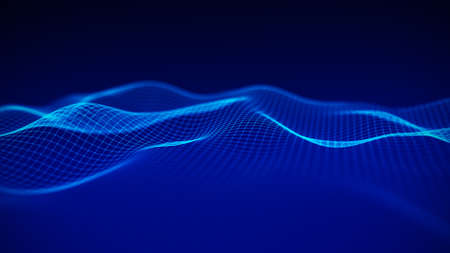 Abstract wave with moving dots. Flow of particles. Cyber technology illustration. 3d rendering.