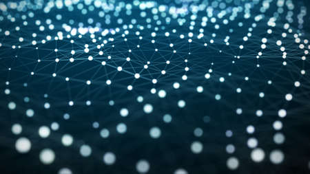 Abstract wave with moving dots. Flow of particles. Technology illustration. 3d rendering