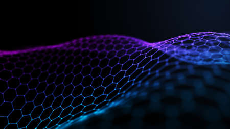 Abstract hexagon wave with moving dots. Flow of particles. Cyber technology illustration. 3d rendering.の写真素材