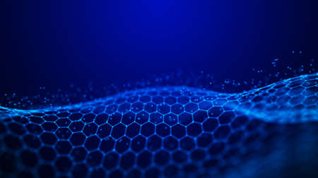 Abstract hexagon wave with moving dots. Flow of particles. Cyber technology illustration. 3d...