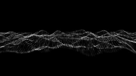 Abstract wave with moving dots. Flow of particles. Cyber technology illustration. 3d renderingの写真素材