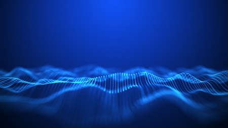 Abstract wave with moving dots. Flow of particles. Cyber technology illustration. 3d renderingの写真素材