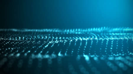 Abstract wave with moving dots. Flow of particles. Cyber technology illustration. 3d rendering