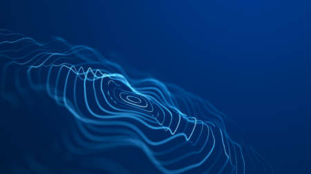 Abstract circle wave with moving dots. Flow of particles. Cyber technology illustration. 3d...