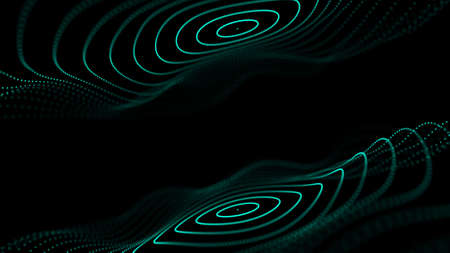 Abstract circle wave with moving dots. Flow of particles. Cyber technology illustration. 3d...
