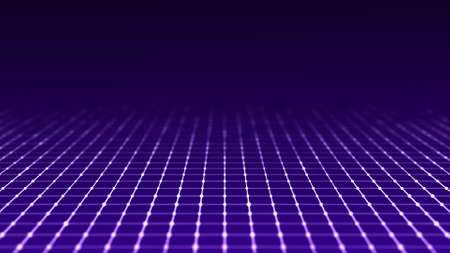 Abstract perspective grid. Digital background in retro style. Wireframe landscape on blue...