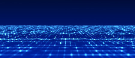 Abstract perspective grid. Digital background in retro style. Wireframe landscape on blue...