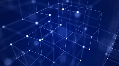 Digital blockchain concept and data transfer system. Abstract wireframe cube whith connection dots...