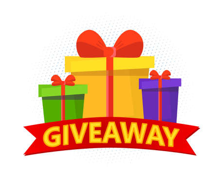Giveaway poster or banner. Vector template design for mobile app and social media. Gift box with bow on white background.のイラスト素材