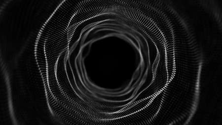 Cyber tunnel consisting of moving glowing points. Futuristic infinite space background. Concept of data transfer in cyberspace. Hi-tech illustration. 3d rendering.の写真素材