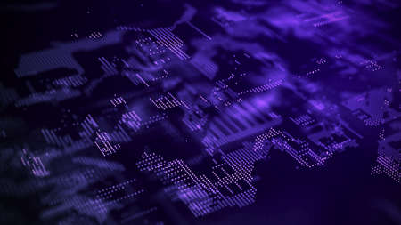 Digital background with moving glowing particles. Futuristic hi-tech illustration. Concept of data transfer in cyberspace. Big data visualization. 3d rendering.の写真素材