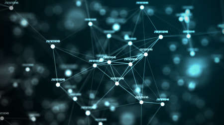 Digital blockchain concept and data transfer system. Network connection structure. Abstract background with moving dots and lines. Futuristic illustration. 3d rendering.の写真素材