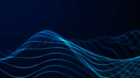 Flow of particles. Blue digital dynamic wave. Future technology illustration. 3d renderingの写真素材