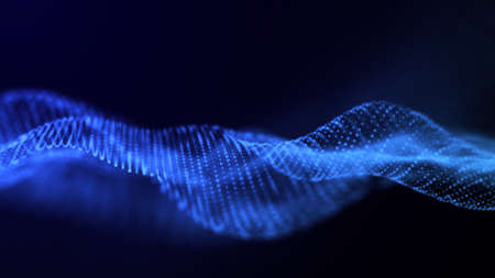 Abstract blue wave with moving dots. Flow of particles. Technology illustration. 3d rendering