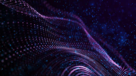 Abstract wave with moving dots. Flow of particles. Technology illustration. 3d rendering