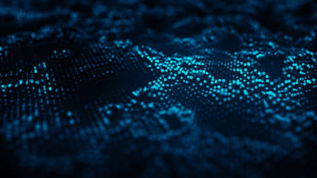 Futuristic moving wave. Digital background with moving glowing particles. Big data visualization. 3d rendering.の写真素材