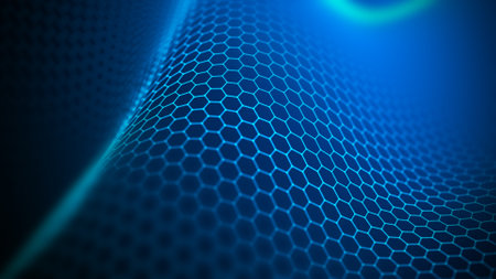 Abstract hexagon wave with moving dots. Flow of particles. Cyber technology illustration. 3d rendering.の写真素材