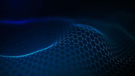 Abstract hexagon wave with moving dots. Flow of particles. Cyber technology illustration. 3d...
