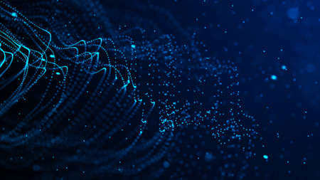 Abstract circle wave with moving dots. Flow of particles. Cyber technology illustration. 3d...