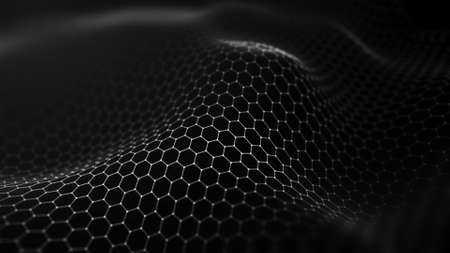 Abstract hexagon wave with moving dots. Flow of particles. Cyber technology illustration. 3d rendering.の写真素材