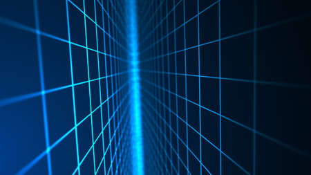 Abstract perspective grid. Digital background in retro style. Wireframe cyber landscape on blue background. 3d rendering.の写真素材