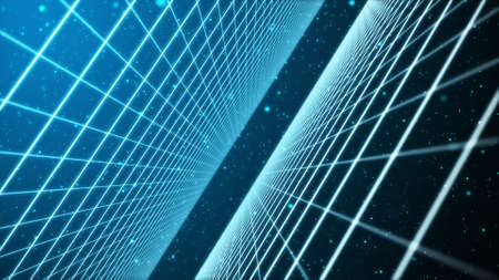 Abstract perspective grid. Digital background in retro style. Wireframe cyber landscape on blue...