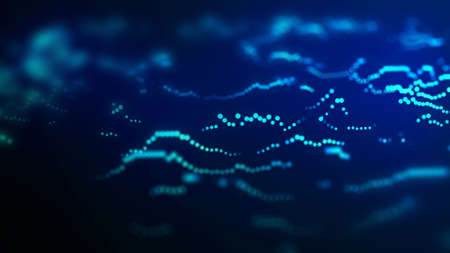 Digital moving wave. Futuristic illustration with explosion of data. Abstract background with glowing particles. 3d rendering.の写真素材